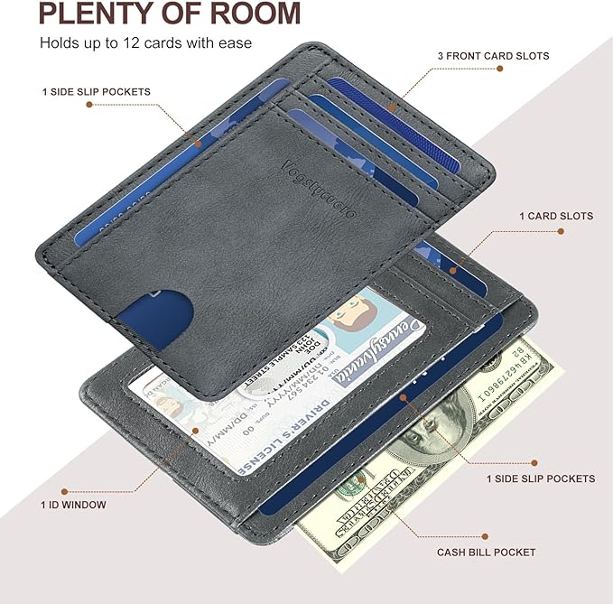 Front Pocket Thin Wallet for Men Women RFID Blocking Credit Card Holder Card Cases Slim Minimalist Wallet with Gift Box Faux Leather Alaska Grey