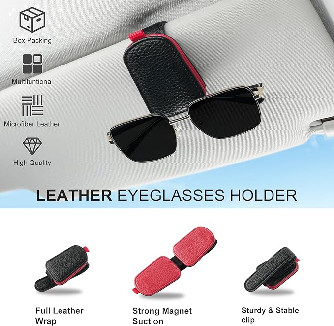 SINGARO Sunglasses Holder for Car, Leather Magnetic Buckle Sun Visor Sunglass Clip, Ticket Card Storage Glasses Clip, Car Interior Accessories for Men and Women（Black-red）