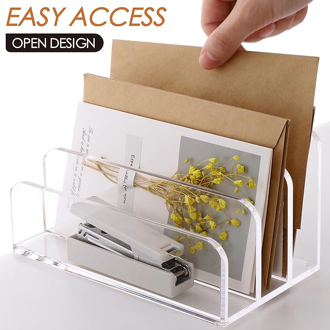 SANRUI 3 Compartments Mail Organizer Letter Holder for Desk ,Vertical Letter Holder,File Sorter Acrylic Desk Organizer Office Supplies,Clear