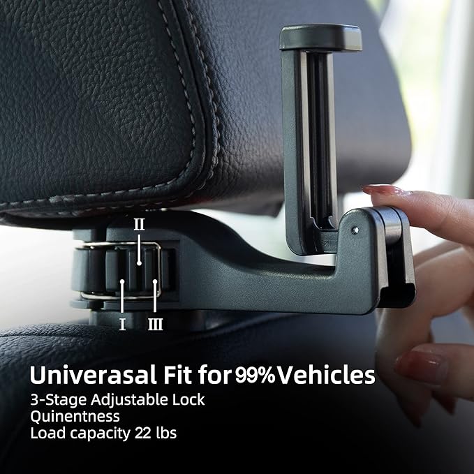 Amooca Car Seat Hooks for Purses and Bags with Phone Holder, Universal Car Headrest Storage Organizer Hanger Hook with Lock, 360° Rotation Headrest Hooks, 2 in 1 Car Headrest Hooks, 2 Pack, Blue
