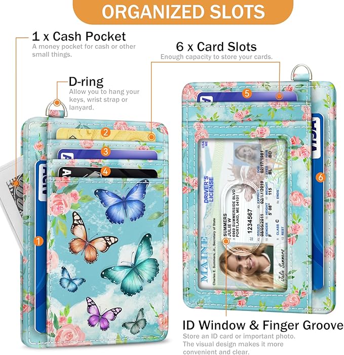 Yonlevres Credit Card Holder Slim Wallet, Butterfly RFID Wallet Women Front Pocket Small Card Holder, Travel Cute Funny Thin Card Case ID Window PU Leather RFID Blocking Card Organizer Gifts Girls