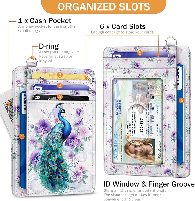 Yonlevres Credit Card Holder Slim Wallet, Peacock RFID Wallet Women Front Pocket Small Card Holder, Cute Travel Thin RFID Blocking Card Organizer Card Case ID Window PU Leather Girl Ladies