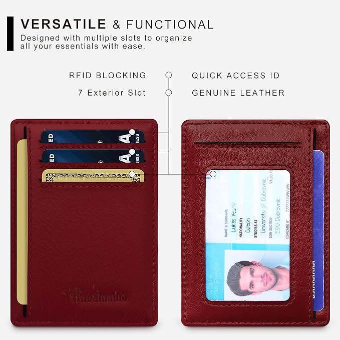 Travelambo 100% Genuine Leather Wallet for Men and Women, Slim Minimalist RFID Blocking Front Pocket Credit Card Holder with Gift Box(Red 963)