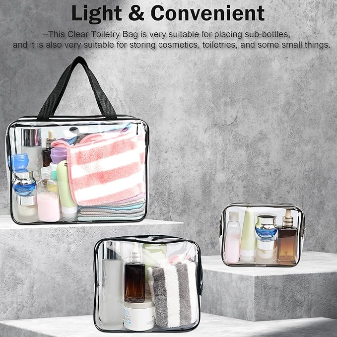 Clear Toiletry Bag Quart Size Bag Travel Makeup Cosmetic Bag PVC Toiletries Cosmetic Pouch for Women Men 3PCS (L+M+S)