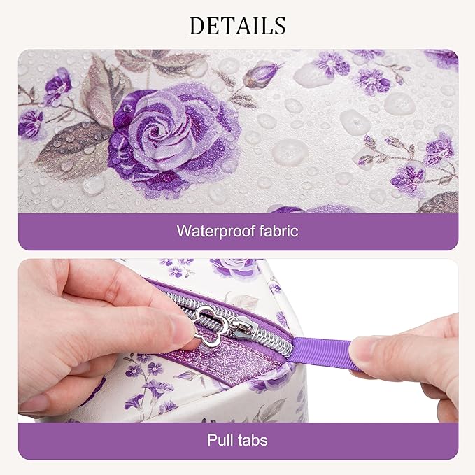 Mrsdry Travel Makeup Bag，Large-capacity waterproof cosmetic bag，Travel bags and toiletries bags for women，PU leather material，Multi-zone and large opening design (Purple flower)
