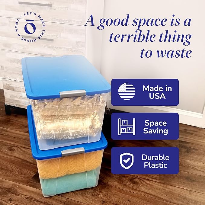 HOMZ 4-Pack Secure Latch, Clear Plastic Storage Organizer Bins, 64 Quart, Blue Lid - Stackable Container Boxes for Bedroom, Bathroom, Garage, and Office Organization