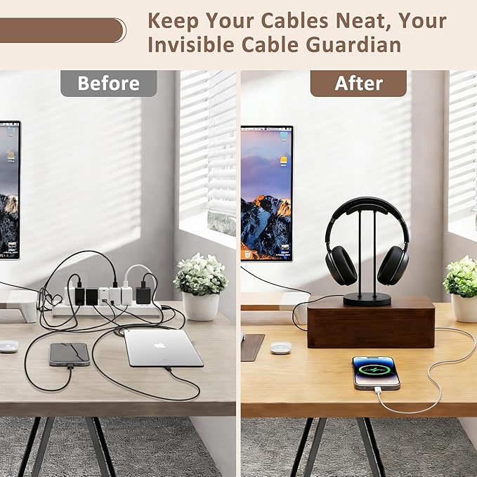 Large Acacia Wood Cable Management Box - Cord Hider & Organizer for TV Wires, Power Strip, Electrical Hiding, Desk & Floor Cables - Solution Wire Storage Solution for Office, Living Room, Bedroom