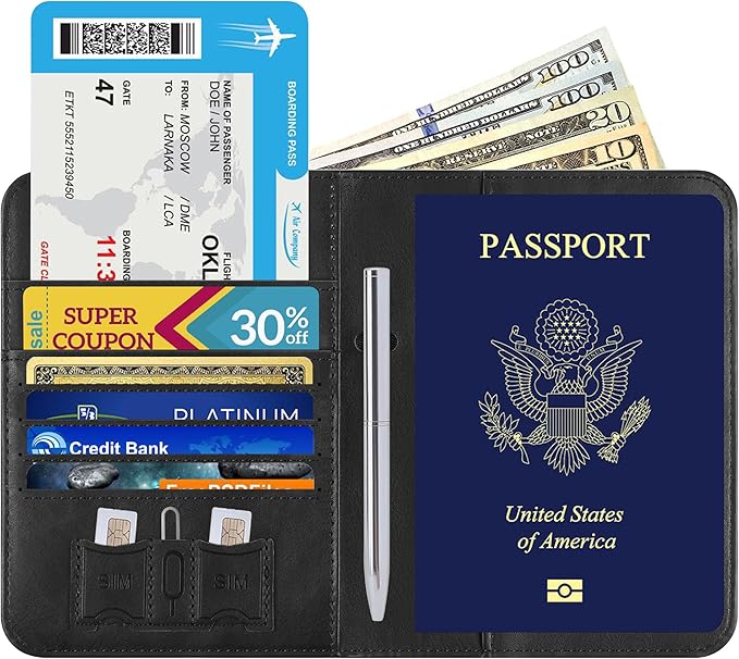 Passport Holder for Travel Essentials Wallet Rfid Blocking Cover Leather Case Vacation Travel Accessories for Women Men (602#Black)