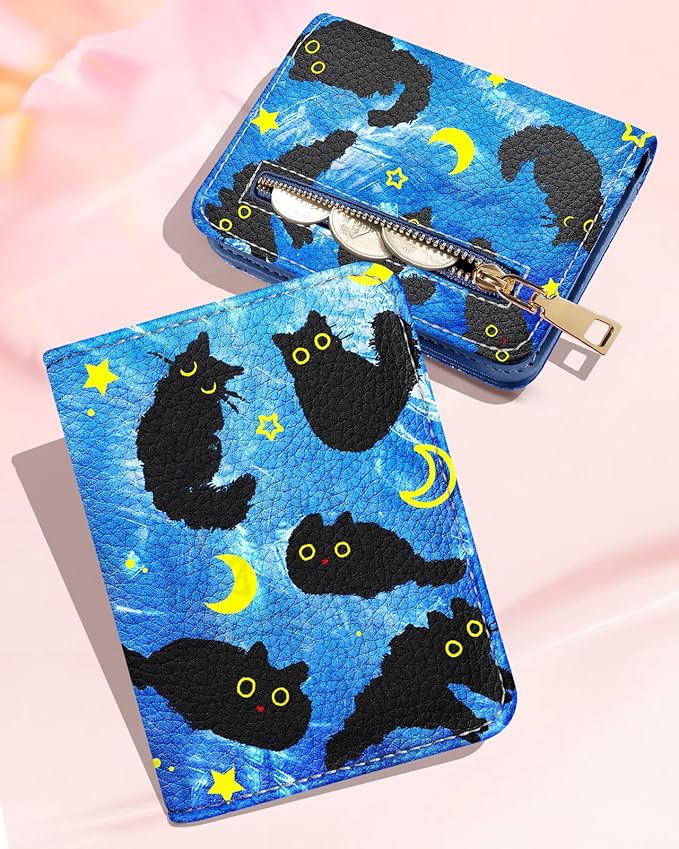 Bistup Credit Card Holder Wallet for Women Cute Leather Ladies Teen Girls Female Cardholder Wallets Accordion Purse Small Medium Aesthetic Print Cat Modern Design Rfid Zipper Around