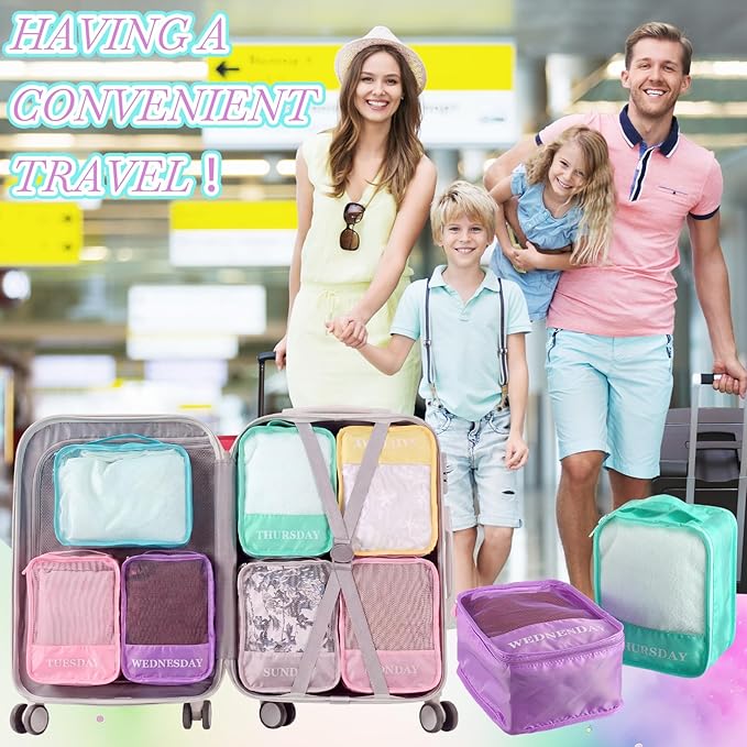 Days of Week Packing Cubes Weekly Organizer Travel Storage Bag School Clothes for Kids Summer Camp Family(7x9x3inch,Macaron,15)