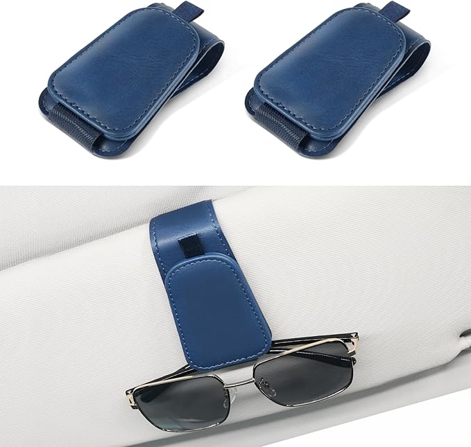 SINGARO 2 Pack Sunglass Holder for Car Visor Sunglasses Holder Clip, Universal Non-Slip Magnetic Leather Glasses Eyeglasses Hanger Mounter, Truck Interior Car Visor Accessories for Woman Man, Blue