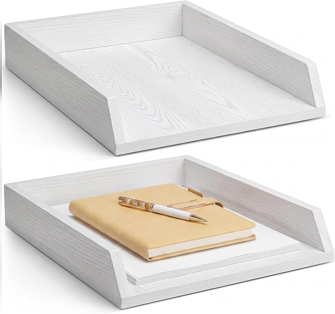 DoubleFill 2 Pcs Wooden Letter Trays Wood Letter-Size Desk Organizer Heavy Duty 2 Tier Stackable Supports Paper Tray Desktop Drawer Organizer File Folder Magazine Office Accessories (White)