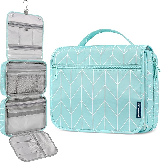 PAVILIA Hanging Toiletry Bag Women Men, Foldable Cosmetic Organizer Travel Bag, Water Resistant Makeup Bag Toiletries, Large Travel Essentials Kit (Teal Chevron)