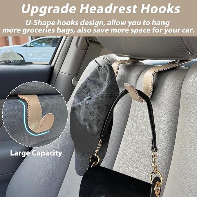 Purse Hook for Car, Purse Holder Car Headrest Hooks Leather for Hanging Purses and Bags, 2 Pack Beige