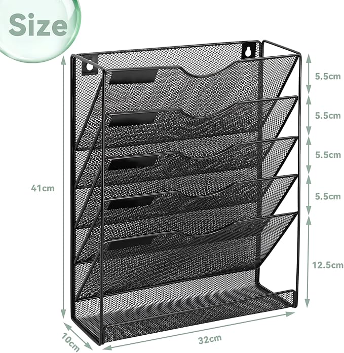 6-Tier Mesh Wall File Holder Organizer with Bottom Flat Tray, Vertical Hanging File Organizer, Office Hanging File Folder Magazine Rack, Nametag Label Hooks Set Included, Black
