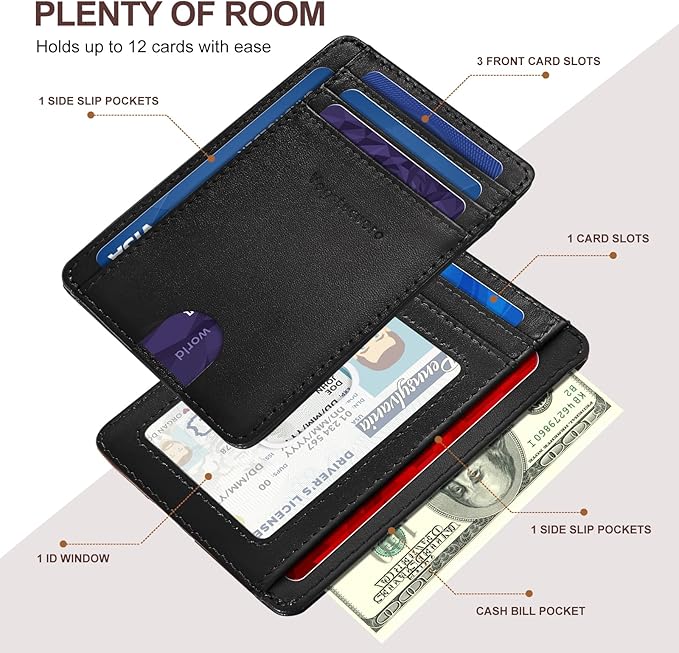 Slim Minimalist Front Pocket Thin Wallet RFID Blocking 100% Genuine Grain Leather Credit Card Holder for Men Women with Gift Box - Grain Leather Black