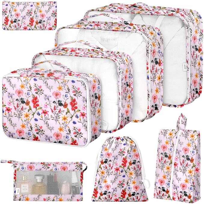 8 Set Packing Cubes for Suitcases, Packing Cube with Shoe, Cosmetics, Clothing, and Accessories Bags for Travel Luggage Organizer Women Men(Retro Flowers)