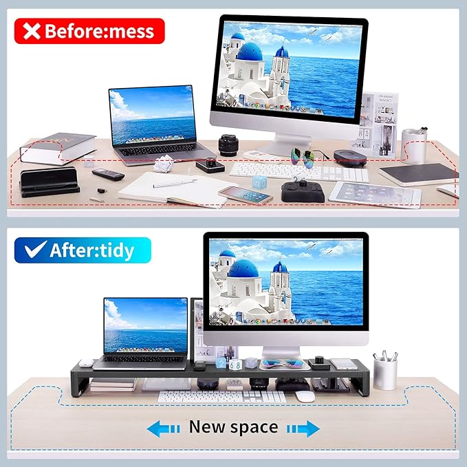 EAXBUX Dual Monitor Stand with Wireless Charging and 4 USB 3.0 Ports, Steel Monitor Stands for 2 Monitors, Metal Computer Stand Riser for Desk, Office, Laptop, PC up to 32 Inches (Black)