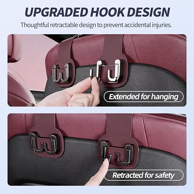 2 Packs Headrest Hooks for Car, Hidden Twinhook Leather & Metal Car Purse Holders, Universal Seat Back Storage Organizer Hanger for Purse Bag Handbags Phones, 2026 Car Seat Accessories (Red)
