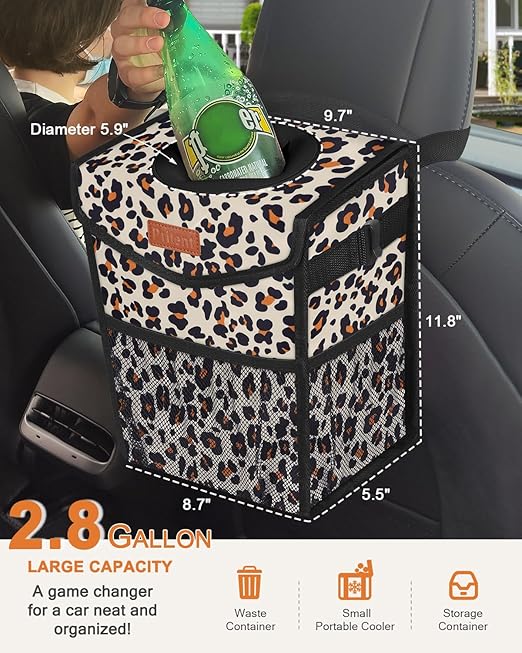 Pritent Car Trash Can with Lid, Cute Leakproof Car Trash Garbage Bag Hanging Vehicle Trash Bin Small Portable Automotive Garbage Cans Organizer for Back/Front Seat/Console(2.8 gal,Leopard
