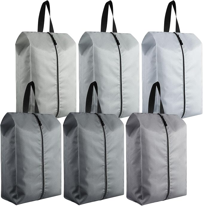 6 Pcs Travel Shoe Bags with Zipper Nylon Portable Waterproof Suitcase Shoe Organizer Packing for Golf(L,Gray)