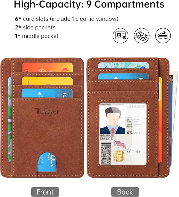 Teskyer Slim Wallet for Men, Minimalist Front Pocket RFID Blocking Leather Wallet Credit Card Holder for Men & Women