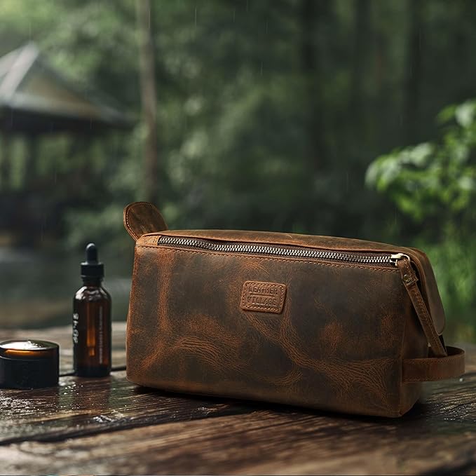 LEATHER VILLAGE Genuine Leather Travel Toiletry Bag - Water-Resistant Dopp Kit for Toiletries, Large Shaving Bag & Bathroom Organizer - Gift for Men & Women - Rustic Brown
