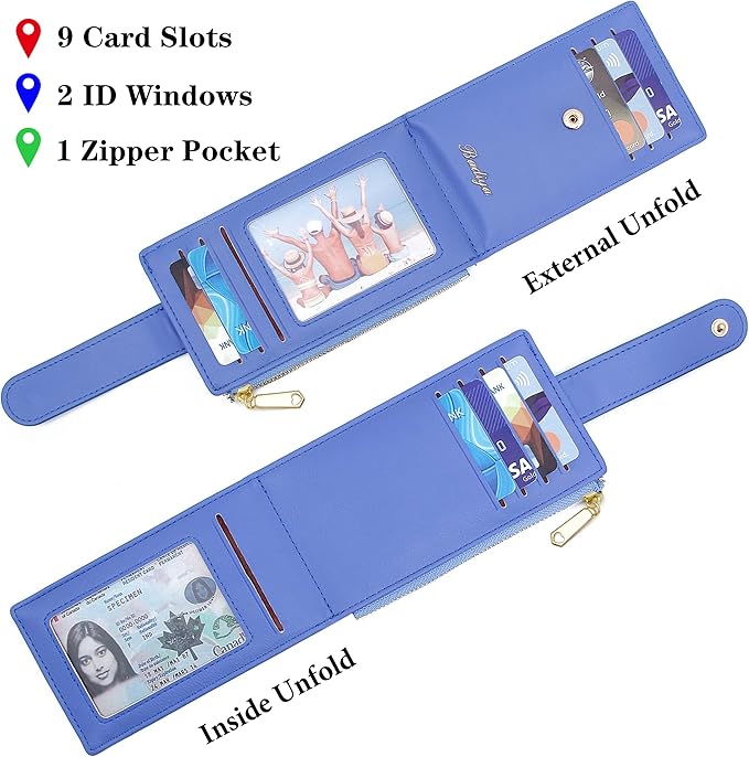Badiya Slim Women Wallet RFID Blocking Bifold Compact 9 Card Slots Holder Wallets Soft Leather with Zipper Coin Pocket 2 ID Window