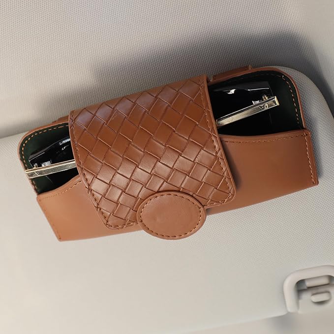 KINIVA Sunglasses Holder for Car Visor Leather Glasses Case with Clips for Car Visor Automotive Interior Visor Accessories Apply to All Car Models (10 Brown)