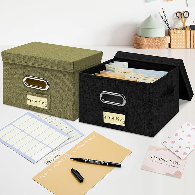 Greeting Card Organizer and Storage Box with 20 Pcs Adjustable Dividers, Storing Cards with 84 Pcs Labels Perfect for Storing Greeting Cards, Envelopes, Photos 1 Pack Olive Green