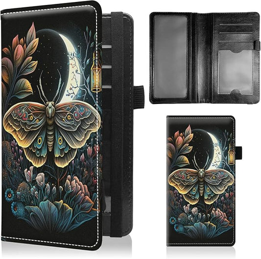Checkbook Covers for Personal Checkbook Duplicate Checks RFID Blocking Checkbook Cover for Women Men with Elastic Strap Card Slots Pen Holder - Moth Moon Flower Floral