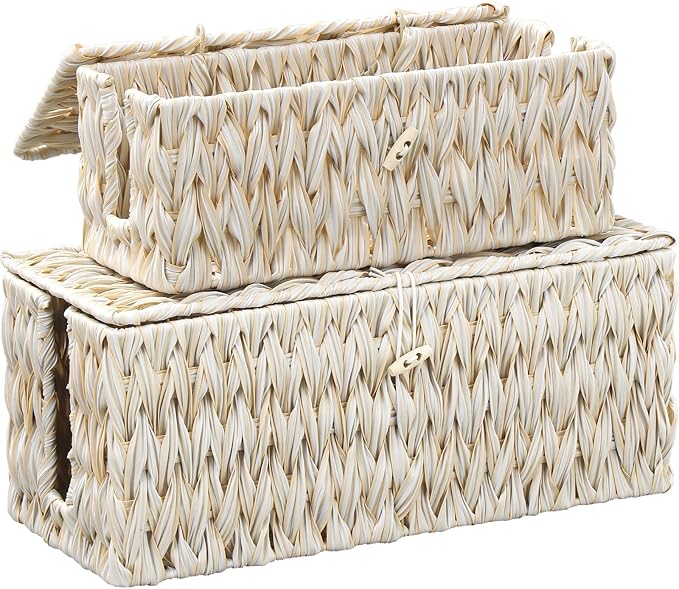 Coeusy Cable Management Box,Boho Decorative Handwoven 2 Open Slots Cord Organizer Hider Box with Lid for TV Wires, Computer, Router, USB Hub and Under Desk Power Strip