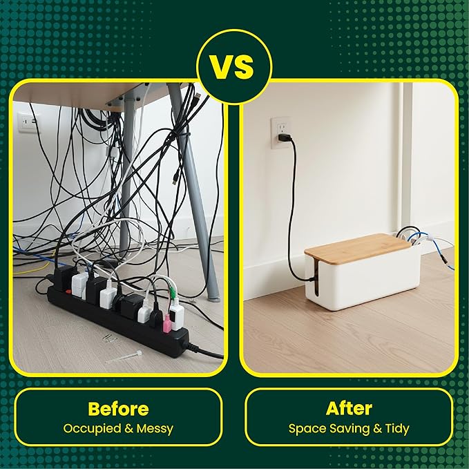 Cable Management Box, 7 Holes, 12x5x4.5 inches, Wooden Lid Cable Organizer Box for Desk to Hide Power Strips, Tv Wires, ABS Material Cord Cover (2 Holes)