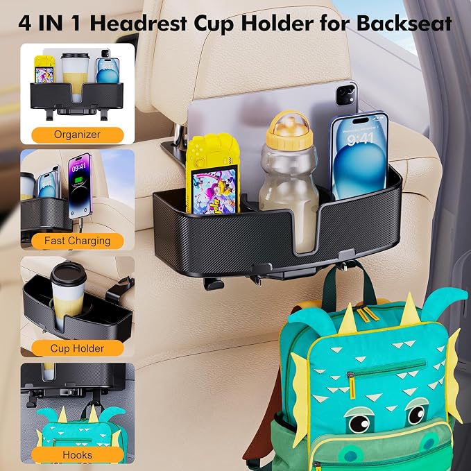 Car Headrest Cup Holder for Back Seat Organizer for Type-c/Lightning Retractable Charging Cables Multi- Hanging Snack Storage Box with Strong Hooks for Kids and Fast Charging for Travel Accessories