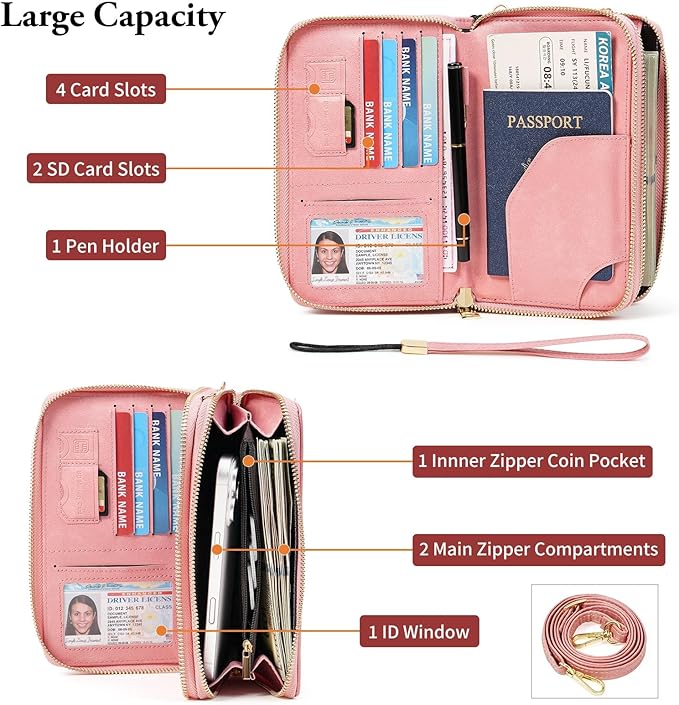 GOIACII Passport Wallet Travel Crossbody Bags for Women Wristlet Phone Purse Double Zip Vegan Leather Pink