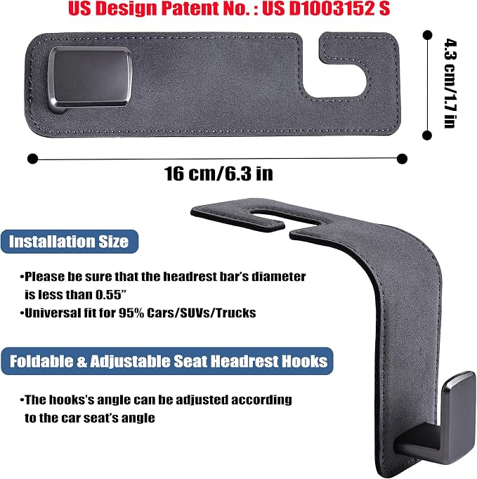 Amooca Car Seat Back Hook Universal Auto Storage Hanger Suede with Metal Car Seat Organizer for Handbag Purse Coat Umbrellas Grocery Bags 2 Pack Gray