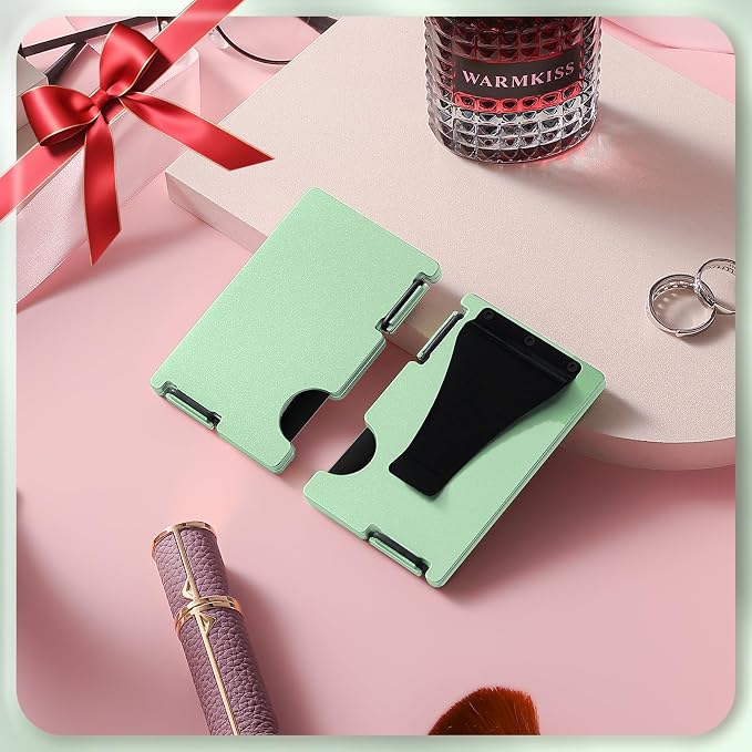 Wallet for Women, Minimalist Card Holder with Money Clip, Slim Metal Front Pocket Aluminum Wallet, Modern-Modular-Design, RFID Blocking, Green