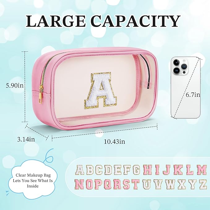 YOOLIFE Teacher Appreciation Gifts for Teacher Mothers Day Gifts for Daughter Mom Women Initial Clear Makeup Bag Travel Toiletry Bags Cosmetic Bag Birthday Graduation Gift for Teen Girls Pink A