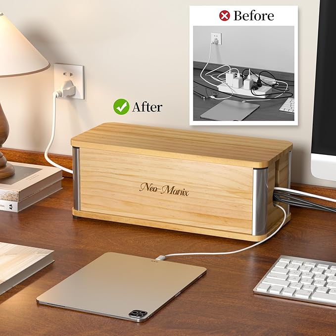 Delamu Wooden Cable Management Box, Retro-Inspired Cord Organizer Box for Home Office, Large Cord Hider Box Hides Cords and Power Strips, Floor Cord Covers, 14.3" x 6.0" x 5.5", Light Wood Color