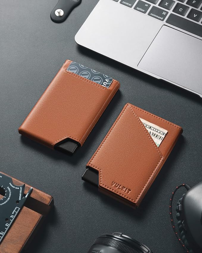 VULKIT Pop up Card Wallet RFID Blocking Slim Aluminum Metal Bank Card Holder Case with Business Money Pocket for Credit Cards Notes and Coins (Brown)
