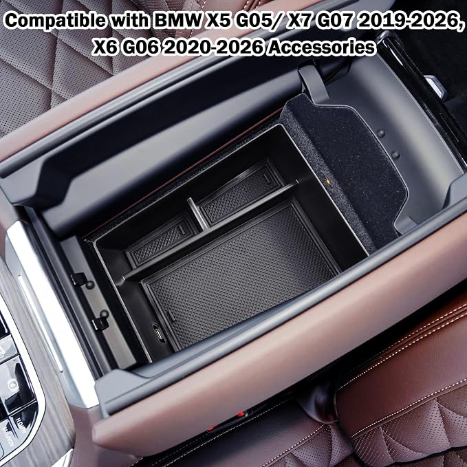 Center Console Organizer Tray Compatible with BMW X5 G05/ X6 G06/ X7 G07 Accessories, X5 G05/ X7 G07 2019-2024 2025 2026, X6 G06 2020-2024 2025 2026 Secondary Storage Armrest Glove Box, Black