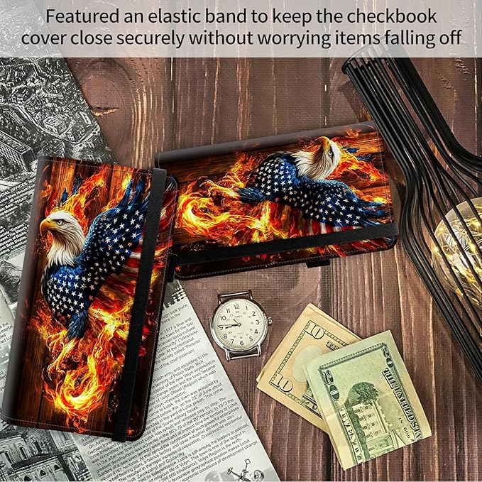 FUYOCWE Checkbook Covers for Personal Checkbook,Leather Checkbook Cover for Business/Personal Checks,RFID Blocking Check Book Cover Holder Wallets for Men Women-American Eagle Rebirth of Fire