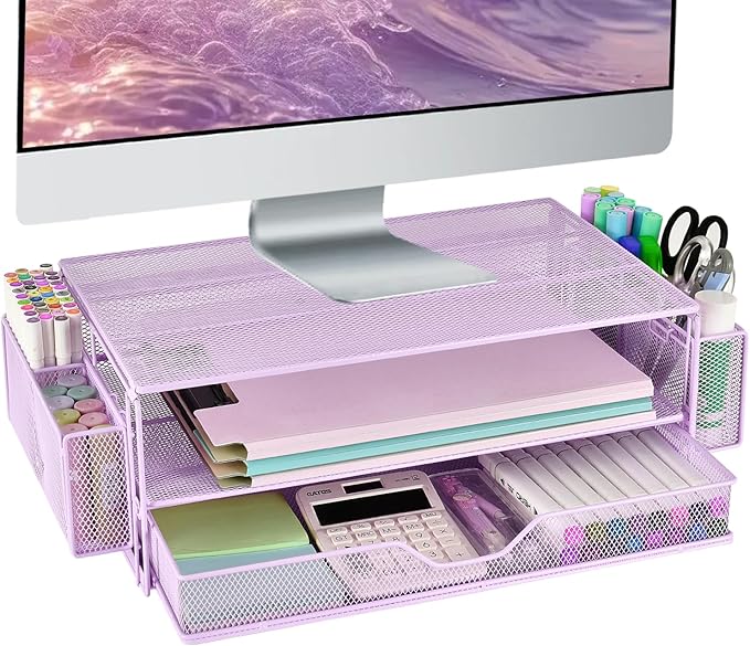 AUPSEN Computer Monitor Stands Riserï¼?-Tier Desk Organizers and Accessories, Office Desk Accessories Organizer with Drawers and 2 Pen Holder for Office Supplies (Purple)
