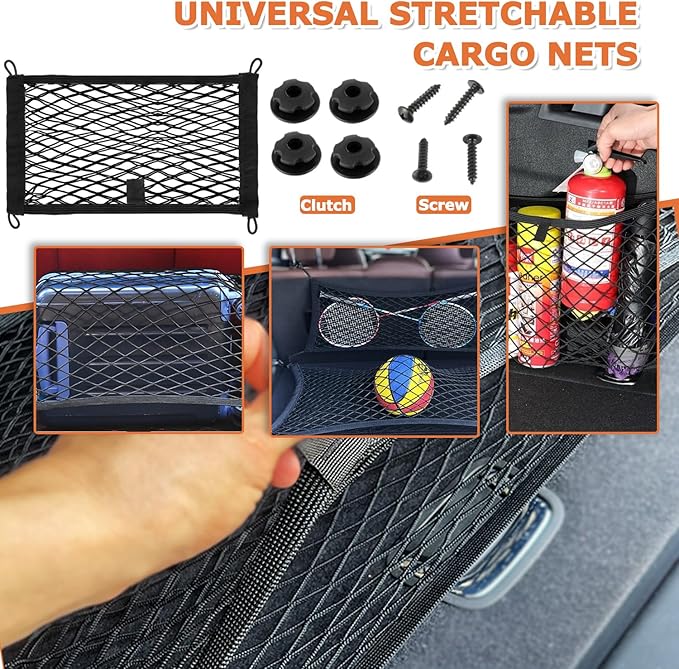 17.7'' x 9.8'' Universal Elastic Cargo Net Pocket with Screws & Hooks for Trunk RV Boats Home Cargo Storage – Keeps Items Secure & Organized(1 Pack)