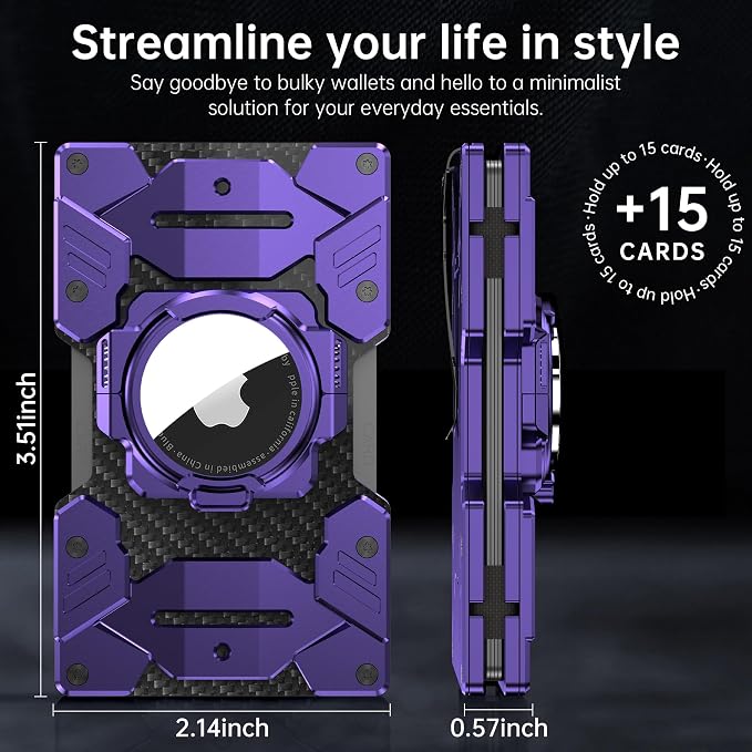 Minimalist Wallet for Men with AirTag Holder, Credit Card Holder RFID Blocking Wallet, Small Aluminum Metal Wallets with Money Clip (Purple)