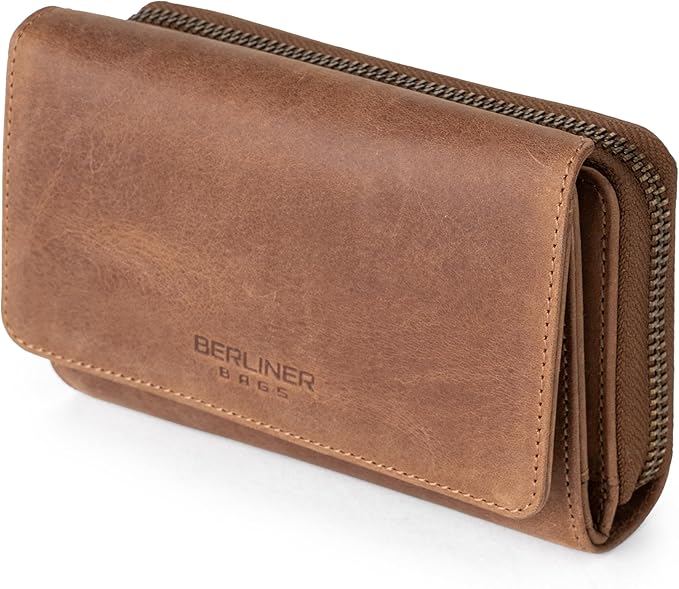 BERLINER BAGS Vintage Genuine Leather Wallet Vienna, RFID Blocking Credit Card Holder, Trifold Clutch Purses, Zip Around Womens Wallet for 19 cards, ID window, Bills, Coins - Brown