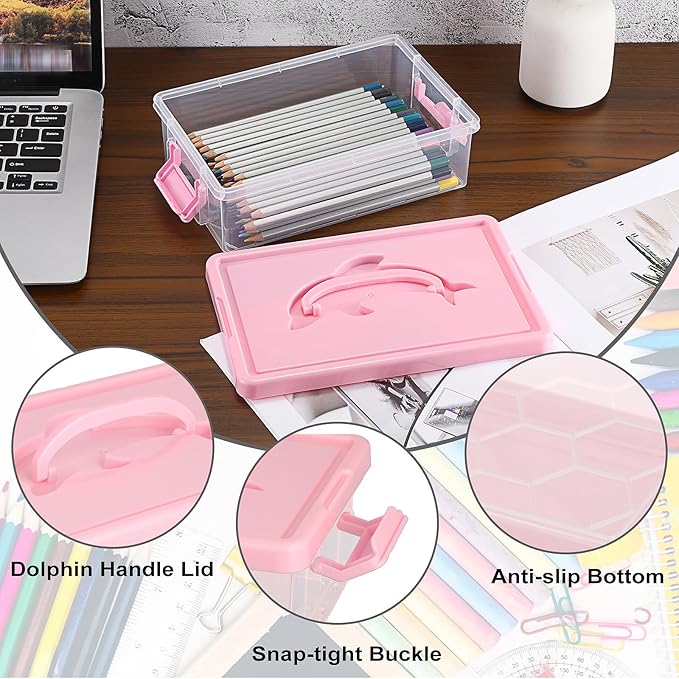 BTSKY 1-Pack Clear Plastic Storage Box with Lid, Stackable Organizer Featuring Easy-Lift Dolphin Design, Multi-Use Portable Container for Home, Craft, Office, Space-Saving with Secure-Clasp, Pink