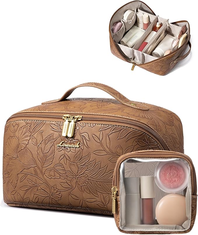 LOVEVOOK Travel Makeup Bag for Women, 2Pcs Large Capacity Cosmetic Organizer Bag, Waterproof PU Leather, Flat Open Portable Small Toiletry Pouch for Skincare, Brushes & Travel Essentials