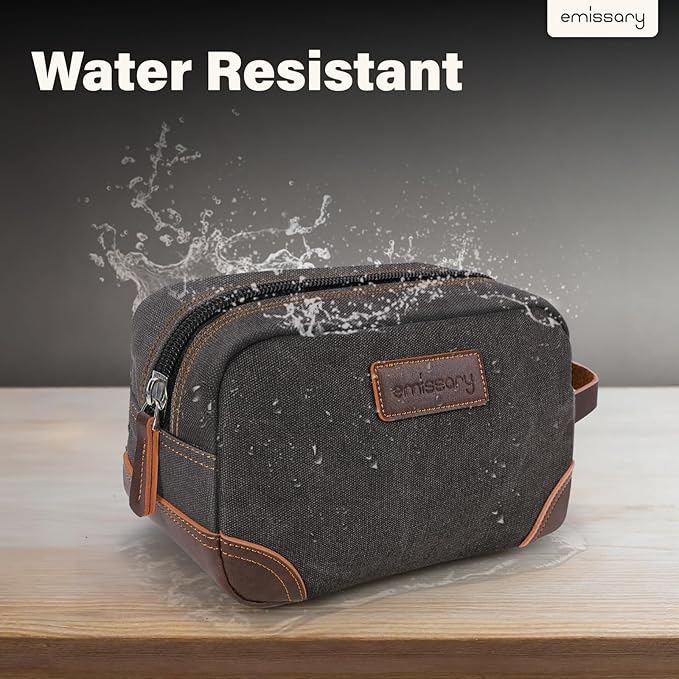 emissary Men's Canvas Travel Toiletry Bag, Leather Dopp Kit - Gray | Durable canvas & PU leather, water-resistant lining, side handle; roomy men's Dopp kit for travel & gym