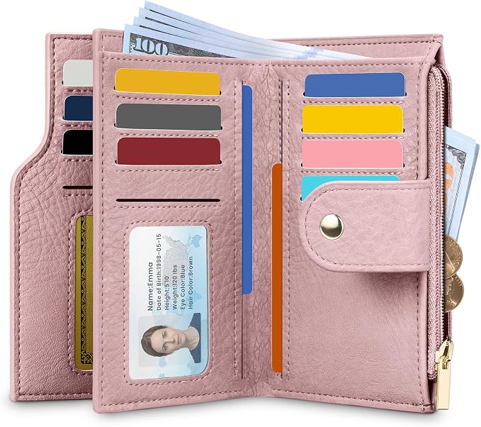 Airkit Small Women's Bifold Wallet, RFID Blocking Credit Card Holder with Zipper, Travel Cute Coin Pocket Wallet for Ladies, Pink